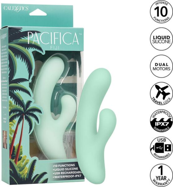G-spot vibrator CalExotics Pacifica Fiji van transparante groene siliconen, met gebogen schacht en tweede stimulator