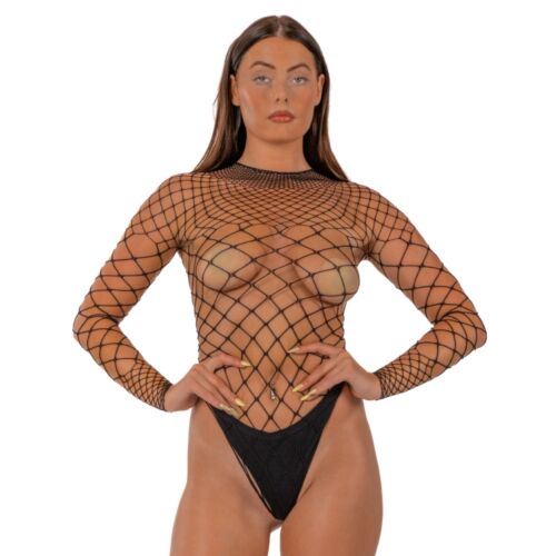 Teddy Lace Fence Net Long Sleeved Thong Bodysuit