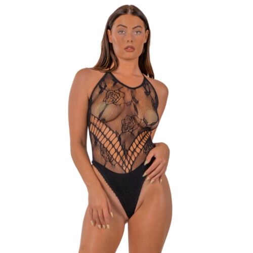 Teddies Lace LJ Floral Halter Bodysuit met verstelbare halslijn