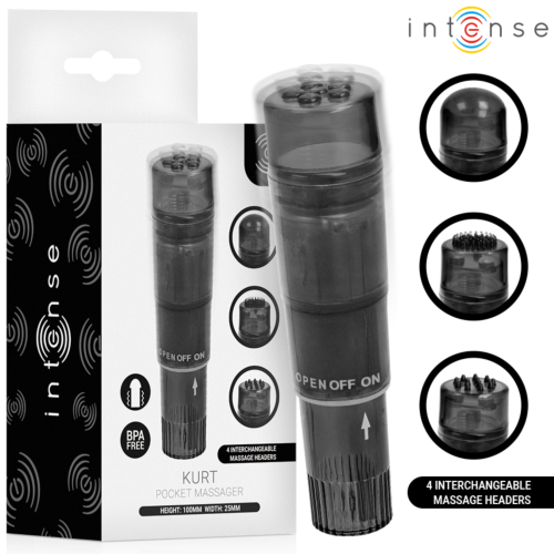 INTENSE FUN TOYS KURT Mini-massageapparaat met 4 verwisselbare koppen zwart