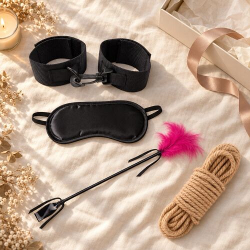 Soft bondage-set voor beginners met handboeien, blinddoek, zweepje en touw – sfeerbeeld (met AI gegenereerde afbeelding)