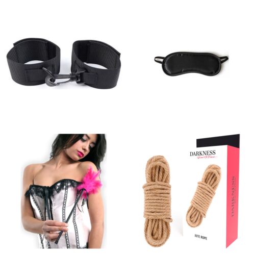 Soft bondage-set voor beginners met handboeien, blinddoek, zweepje en touw