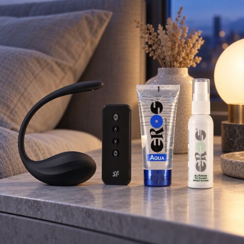 Set met draagbare vibrator en app voor koppels op afstand – sfeerbeeld (met AI gegenereerde afbeelding)