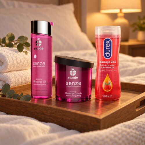 Erotische massageset met olie, kaars en 2-in-1-gel – sfeerbeeld (met AI gegenereerde afbeelding)