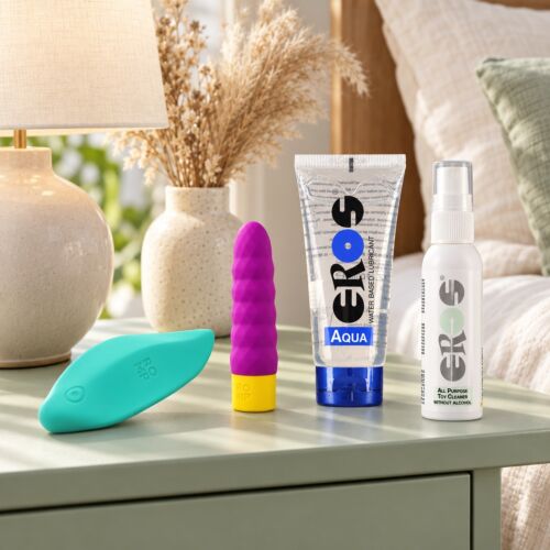 Starterset voor je eerste vibrator met twee ROMP-speeltjes – sfeerbeeld (met AI gegenereerde afbeelding)