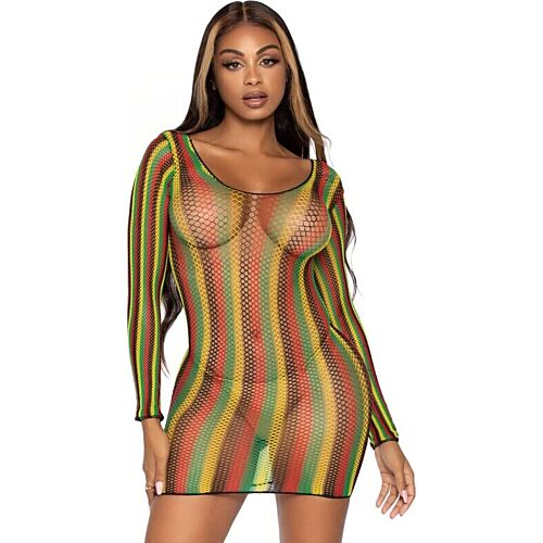 Minivestido Leg Avenue met Rasta netstof en lange mouwen