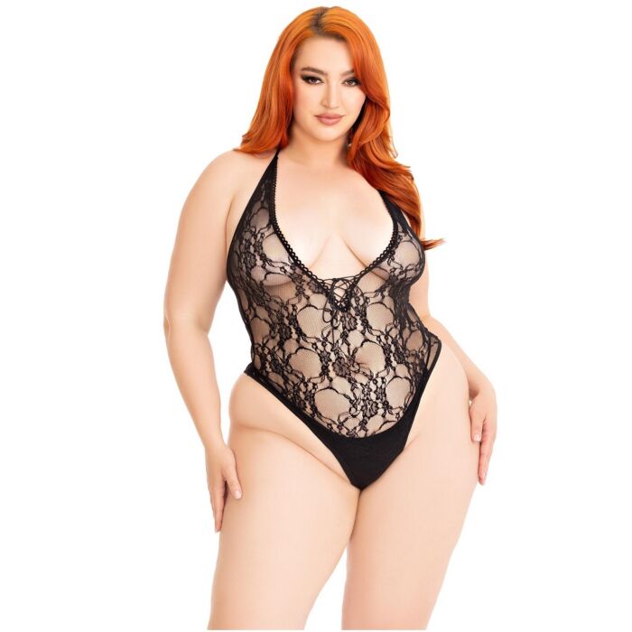 Teddy Leg Avenue Floral Lace Deep-V Plus Size