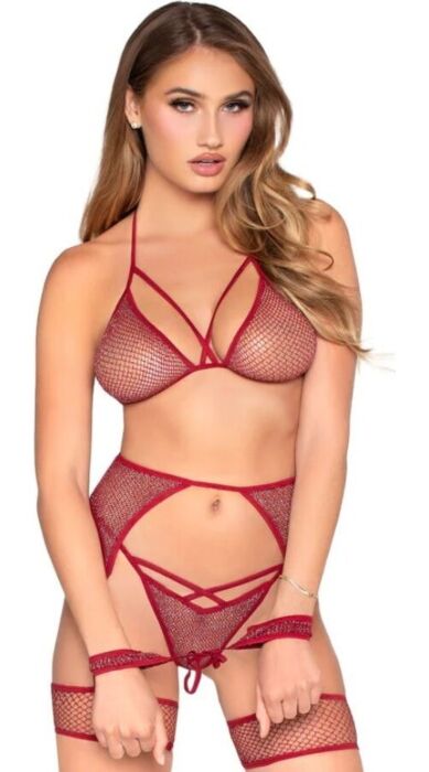 Rode 4 delige lingerieset LEG AVENUE SETS 89362 met handboeien, één maat