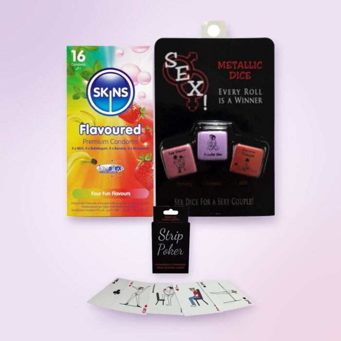 Grappige lootjescadeauset met Strip Poker, dobbelstenen en condooms met smaakjes