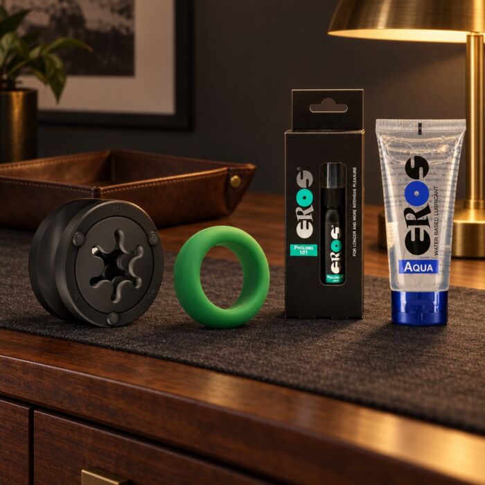 Mannenset met herbruikbare Fun Factory masturbator, ring en spray – sfeerbeeld (met AI gegenereerde afbeelding)