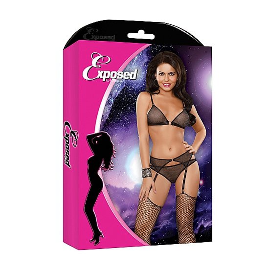 Magic silk cjto brillante sujetador, ligueros y braguita negro