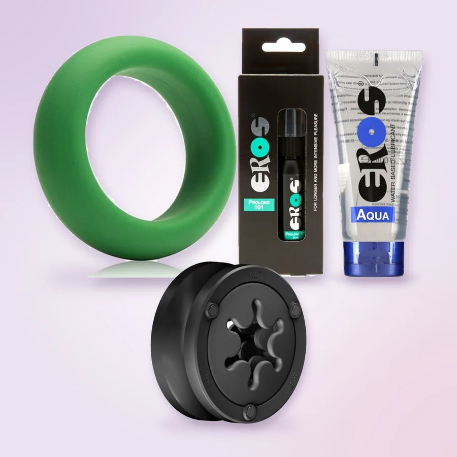 De masturbator Fun Factory IKU FLEX, de ring Je Joue, de spray Eros Prolong 101 en het glijmiddel EROS Aqua