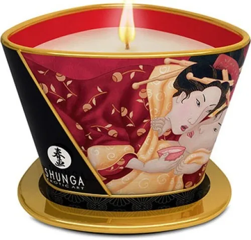 Shunga-massagekaars Caress by Candlelight, geur Aardbeien met cava, aangestoken